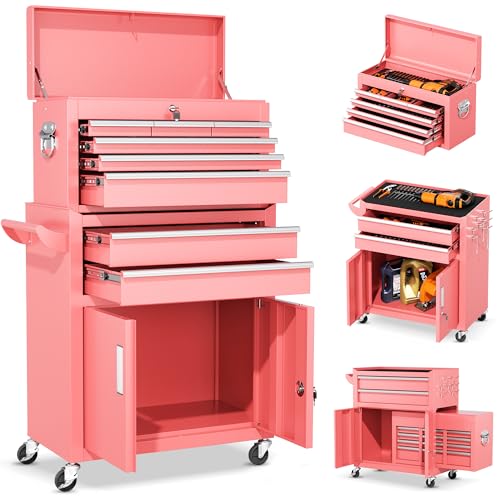 INTERGREAT Tool Chest, Assembled Tool Cabinet with 8 Drawers, Detachable Organized Tool Chests, Lockable Tool Cabinet for Workshop, Warehouse, Mechanics Garage (Pink)