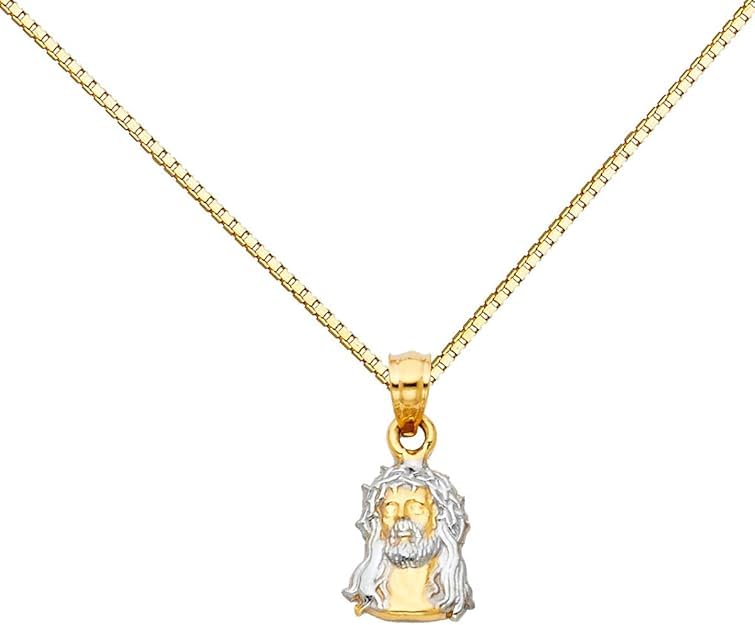 14k Two Tone Gold Jesus Christ Head Pendant Charm With Yellow Gold 0.8mm Box Chain Set For Men's Women's - 24 inch