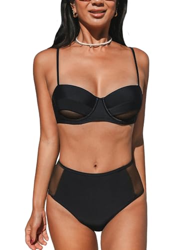 CUPSHE Conjunto de bikini para mujer, traje de baño de dos piezas de cintura alta, cuello corazón, con aros, push up, traje de baño de malla, Negro -, XL