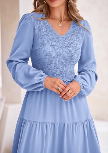 Image of PRETTYGARDEN Fall Dresses for Women 2025 Casual Long Sleeve V Neck Smocked A Line Long Flowy Wedding Guest Dress (Light Blue,X-Large)