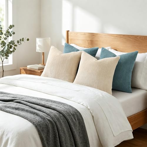 Image of Mecatny Corduroy Decorative Throw Pillow Covers 18x18 Set of 2 for Sofa Living Room, Soft Neutral Boho Couch Pillow Covers for Home Decor, Teal