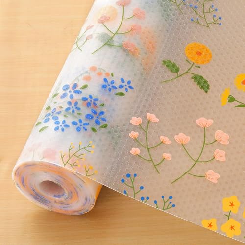 INNOLITES Shelf Liners for Kitchen Cabinets Non-Adhesive Drawer Liner with Floral, Waterproof Durable Easy to Clean, for Refrigerator, Shelves (Colorful Floral, 11.8