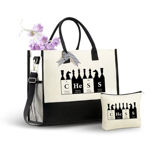Bolsa tote de lona divertida para mujeres, con cremallera y correa para hombro, ideal para cumpleaños — regalo de ajedrez y química