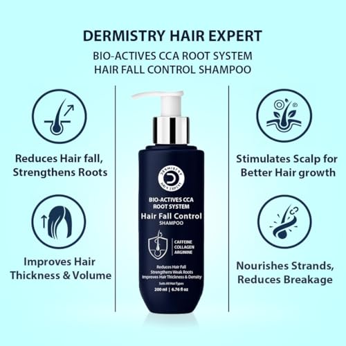 Image of Dermistry Caffeine Collagen Arginine Hair Fall Control Shampoo Strengthens Weak Roots Improves Hair Thickness Density & Reduces Breakage for Dry Frizzy Curly All Hair Types Men Women 200ml