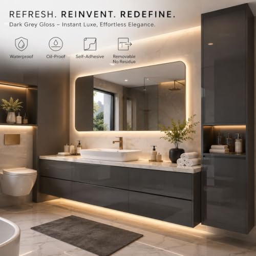 Image of HOME13 Dark Grey Wallpaper Peel and Stick Contact Paper Glossy Self Adhesive Vinyl Sticker Waterproof Removable Wallpaper for Bedroom Cabinets Livingroom (20x120 Inch)