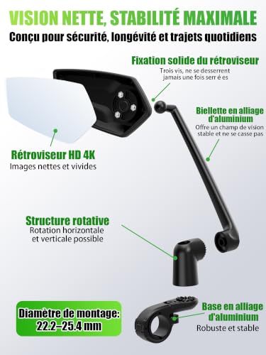 RBRL Rétroviseur de vélo | 3D réglable pour une vision panoramique | Rotation à 360° et pliable | Rétroviseur en verre véritable incassable | Rétroviseur de guidon compact durable pour vélo（gauche） – vue 5