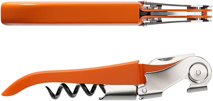 Two-Stroke Double Lever Corkscrew, Teflon Anti-Tear Spiral Corkscrew, Stainless Steel, Orange