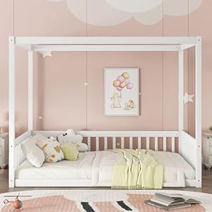 Full Size Canopy Bed Frame with Guardrails for Kids,Floor Bed Full with Four Poster Design,Kids Montessori Floor Bed,Wood Canopy Bed Frame for Girls,Boys(Full,White) Full Size Canopy Bed Frame with Guardrails for KidsFloor Bed Full with Four Poster DesignKids Montessori Floor BedWood Canopy Bed Frame for GirlsBoysFullWhite