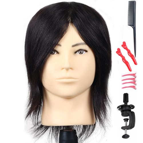 Male Mannequin Head Training Head 100% Real Human Hair for Hairdressers Manikin Head for Hair Styling and Practice Hair Stylists Cosmetologist Barber Shop (12 inch Classical Black)