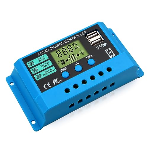 Diymore Controlador de Carga Solar,30A Controlador de Carga de Panel Solar,Regulador de Baterías de Panel Solar de 12V/24V con Puerto USB Dual para Varias Batteries