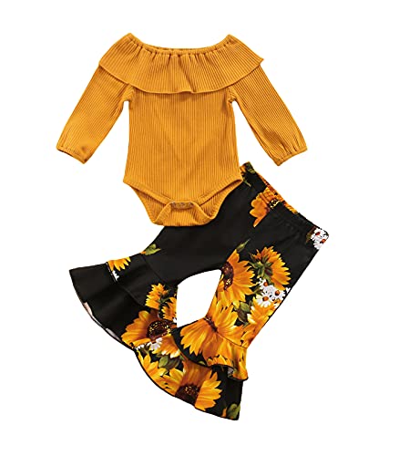 0-18M Infant Baby Girl Clothes Set Floral Print Ruffle Collar Long Sleeve Romper+Denim Flare Pants