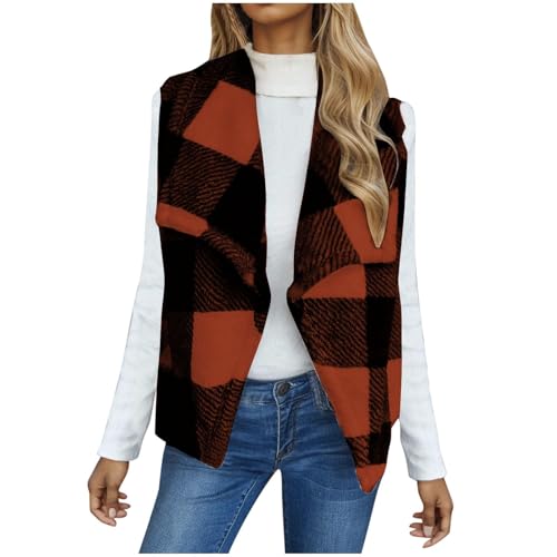 Womens Plaid Fuzzy Fleece Vest Sleeveless Lapel Open Front Cardigan Jacket Fall Winter Trendy Plush Coat