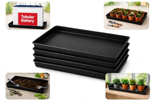 Image of Set of 4 Heavy Duty Plastic Utility Trays for Tubular Inverter Battery, Plant Pots, Seedlings & Nursery | Drip Water Collection, Gardening & Soil Mixing | Black Colour (4 Tray Set)