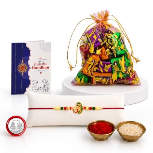 Image of Oblivion Rakhi with Chocolate for Brother - Golden Color OM Design Rakhi with Assorted Chocolate 10 Pcs, Silver Color Pooja Coin, Greeting Card & Tilak Set - Raksha Bandhan Combo Pack (K1 308 PC10)