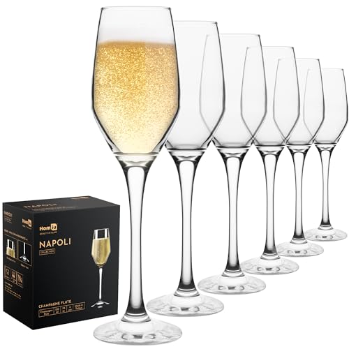 Homiu Glass Champagne Prosecco Flutes | Set of 6 | 230 ML | Reusable Wine Wedding Party Drinking Glasses | Gift Box Set Women, Men, Christmas | Crystal Clear Dishwasher Safe | Napoli Collection