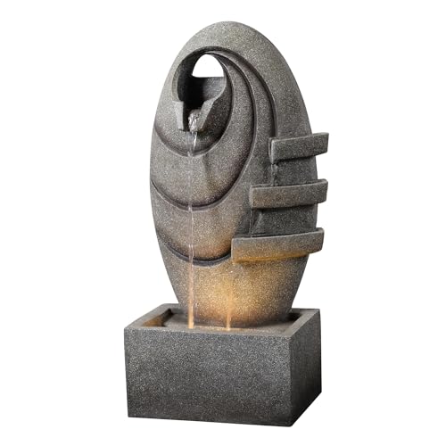 Teamson Home Fontaine Ovale Moderne Cascade exterieure LED Chaude Debit reglable compacte Gris