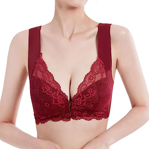 Lovely Bras For Women Front Closure Skin Friendly Wireless Smoothing Lace-Trim Bras Sora Push-Up Cups Soft Cup Bra Comfort Shaping Push Up Seamless Front Buckle Closure Everyday Bras Red 3Xl(4L) #TOP1