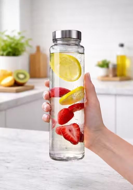 Image of 750 ML Glass Water Bottle with Stainless Steel Leakproof Lid | BPA Free Transparent Glass Bottle | Reusable Fridge Water Bottle for Home, Office, Gym & Travel | Wide Mouth Drinking Bottle (Pack Of 1)