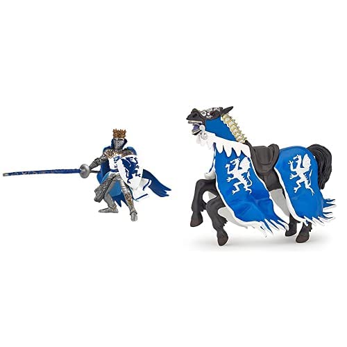 Papo-Lot de 2 Figurines - Collection Médieval - Fantastique - ROI au Dragon bleu + Cheval du ROI au Dragon bleu