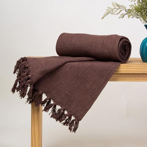 Image of Pure Cotton Hand Woven Sofa Throw | Handmade 50X60 Inch Solid Blanket | Soft Blanket for Living Room, Bed, Couch and Chair | Reversible and Breathable (Coffee Brown)