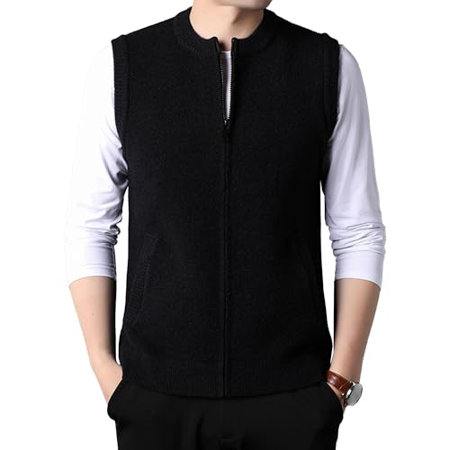 Zipper Sweater Vest for Men Retro Crew Woolen Knit Cardigan Autumn Winter Sleeveless Casual Topcoat