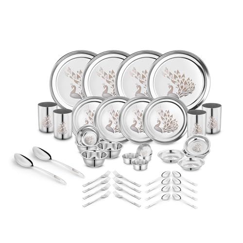 Image of Classic Essentials Stainless Steel 42-Piece Dinner Set for Home | Heavy Gauge Kitchen Tableware | Peacock Laser Design | Shagun /Bartan Set | Plates, Bowls & Cutlery