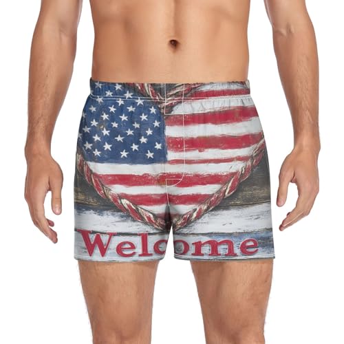 Usa Flag Heart Wooden Men's Cotton Boxer Shorts Pajama Bottoms with Button Fly Underwear Sleep Shorts