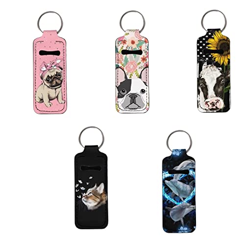COEQINE Chapstick Holder Keychains Lipstick Holder for Women Girls Lip Balm Keychain Holder Print Cute Dog Sunflower Cow Cat Dolphin,Set of 5 PCS