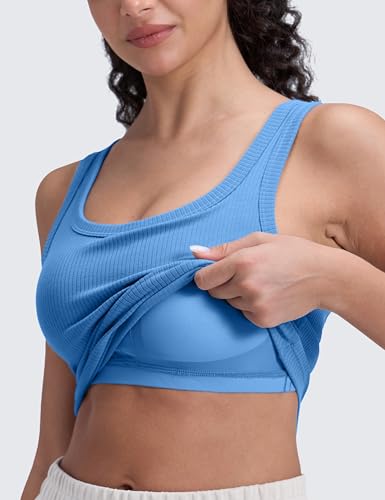 Image of CRZ YOGA Ribbed U Neck Crop Tank Tops | Medium Support, Removable Pads, Casual, Wide Straps, Longline Sports Bras for Women