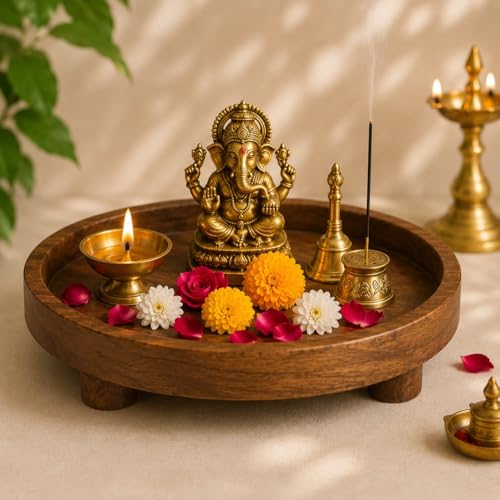 Image of D&G Homes Sheesham Wood Rectangular Serving Tray | Premium Handcrafted Wooden Tray for Home, Kitchen, Dining Table, Restaurant, Office Organizer| Indian Craftsmanship (Wooden Round)