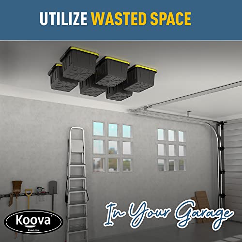Image of Koova Heavy-Duty Overhead Garage Storage Rack for 6 Bins. Adjustable Width, 240lb Capacity. DIY Safe Mount, Easy Install. Fits 27-Gallon Totes. USA Made Pro-Grade Steel. Space Saving Organizer