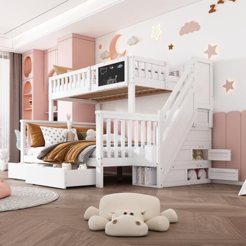 Merax Kinder-Etagenbett 90x200+140x200 cm mit Tafel, Schubladen, Treppe und Sicherheitsgeländer, Multifunktionales Hochbett, Weiß, Massivholz