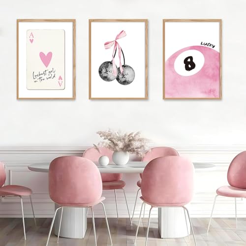 BeiYiHo 3 Affiche Nœud Rose 30X40CM Poster Chambre Fille Ado Poke Boules Disco Cerises Tableau Rose Salon Dortoir Affiche Coquette Preppy Poster Decoration...