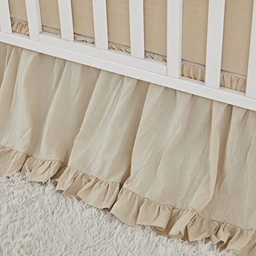 Image of Brandream Boho Bohemian Girl Baby Nursery Crib Bed Skirt Dust Ruffle - Neutral Solid Color Beige Farmhouse Chic 100% Washed Cotton Ruffle