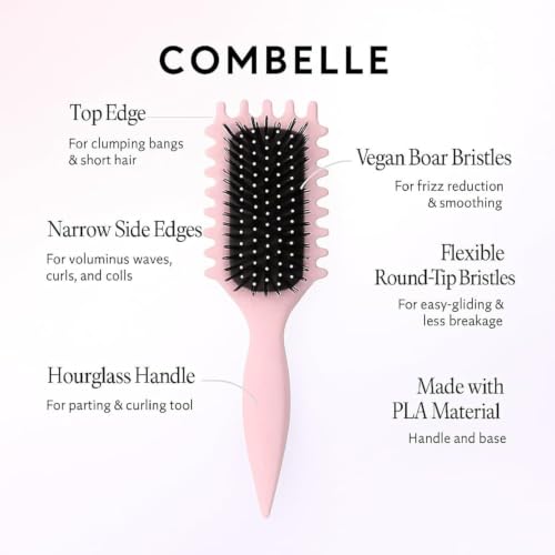 Image of Combelle 5-in-1 Curl Hair Brush, Vegan Boar Bristles, Bio-Baked PLA Handle, Detangling and Frizz Control for Curly Hair - Pink (Pack of 2)