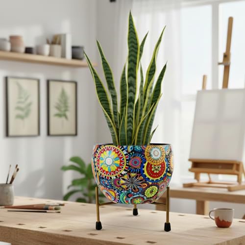 Image of CINAGRO Large Metal Flower Vase Pot with Iron Stand, Pots for Plants, Plant Pots for Home Decoration, Succulent Pot, Indoor Planter Garden Decor (Size: 9.8 X 9.8 inch) Style: Mandala Fusion Grand