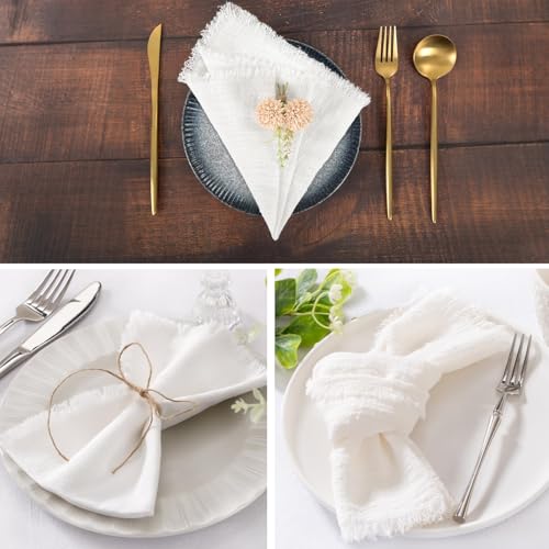 12 Stück Stoffservietten mit Fransen 32 x 32cm Leinenservietten Baumwolle Tischservietten Weiße Leinen Servietten für Tischdekoration, Hochzeit, Abendessen