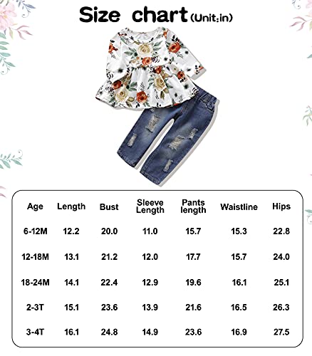 SANMIO Girl Clothes Outfits, Cute Toddler Baby Ruffle Sleeve Floral T-Shirt Tops with Ripped Jeans Pants Set - Thumbnail 6
