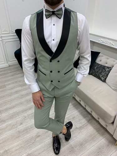 Wangyue Men's Tuxedo Suits Slim Fit 3 Piece Suit Peak Lapel Formal Wedding Prom Suits with Bow Tie3