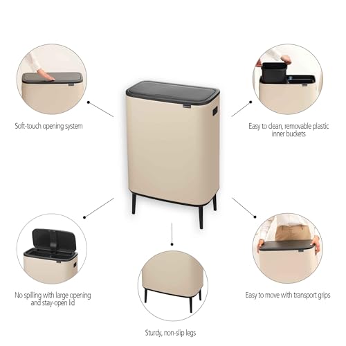 Image of Brabantia Bo Touch Bin Hi 2 x 30L /6.6 Gallon (Soft Beige), Dual-Container Trash Can for Kitchen, Soft-Touch Garbage Can with 2 Inner Buckets and Raised Base