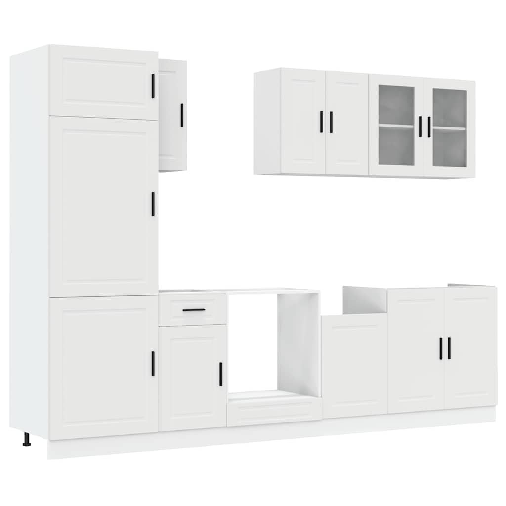 Set Mobili da Cucina 8 Pezzi Modulari Porto Bianco in Truciolato | Soluzione componibile salvaspazio per la cucina moderna, dotata di piedini regolabili e ante in vetro eleganti.
