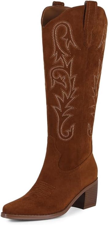 ZJA Women Western Cowboy Boots Knee High Cowgirl Tall Boots with Block Chunky Heel for Casual Rodeo Embroidered Pull On Pointed Toe Morning Glory Boots