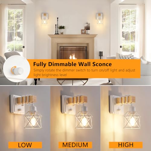 Image of FadimiKoo Wall Sconces Set of Two, Farmhouse Hardwired White Wall Lamps with Wooden Arm & On /Off Dimmable Switch, Modern Bathroom Light Fixtures with Metal Shade for Living Room, Hallway, Bedroom