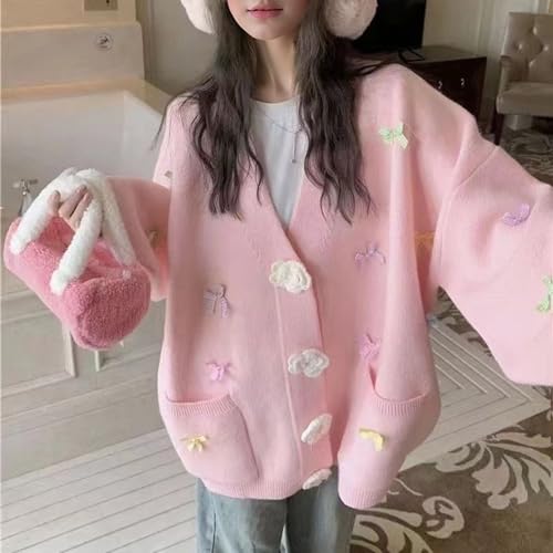 Xunger Women’s Bow Sweater Cardigan Oversized Floral Button Long Sleeve Knit Sweater Coat with Pockets3
