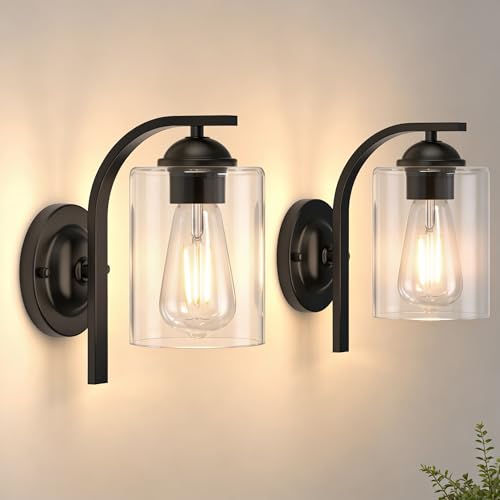 Image of 2-Pack Wall Sconces Lights Lamp for Bedroom Bathroom, Modern Vanity Light Fixtures, Black Farmhouse Wall Mount Lighting Lanterns with Clear Glass Shade for Living Room Mirror Hallway Kitchen