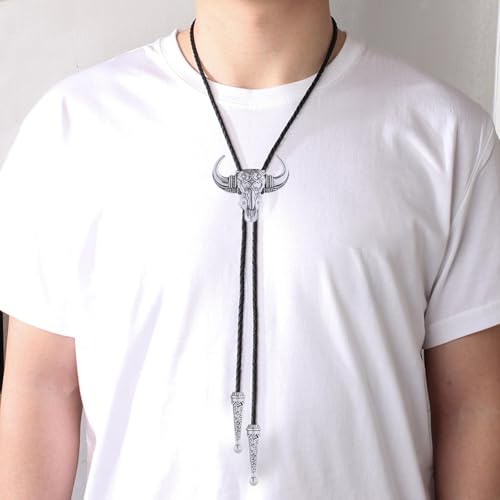 Image of GelConnie Longhorn Bull Bolo Tie for Men Native American Western Cowboy Leather Necktie Bolo Necklace for Women Gold Texas