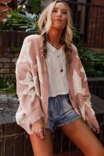 Women's Pink Sherpa Star Pattern Textured Cardigan with Pockets4