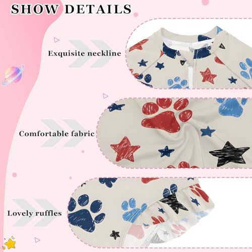 4th of July Paw Prints Stars Girls Long Sleeve Swimsuit Rash Guard One Piece Bathing Suits Zipper 3-12T4
