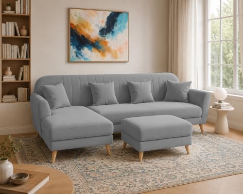 Image of Atticus LHS 6 Seater L Shape Sofa Set with Ottoman Living Room (Dark Grey Colour Fabric) Premium Fabric Sofa Set for Living Room