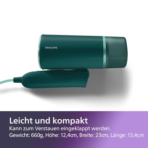 Philips 3000-Serie Tragbarer Dampfglätter - 1000 W, 20 g/min Dampfdruck, Abnehmbarer 120-ml-Wassertank, Metall-Dampfplatte, inkl. Aufbewahrungsbeutel, 660g leicht, Dunkelgrün (STH3020/70)